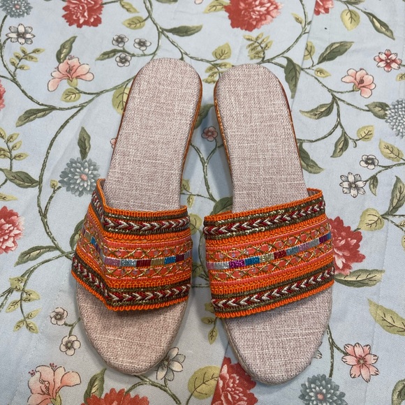 Orange Embroidered Slip On Wedge Sandals - Picture 3 of 10